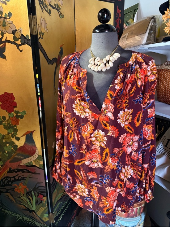 Old Navy Tops - Old Navy Floral Peasant Tunic in Burgundy with Orange, Red and Navy Accents